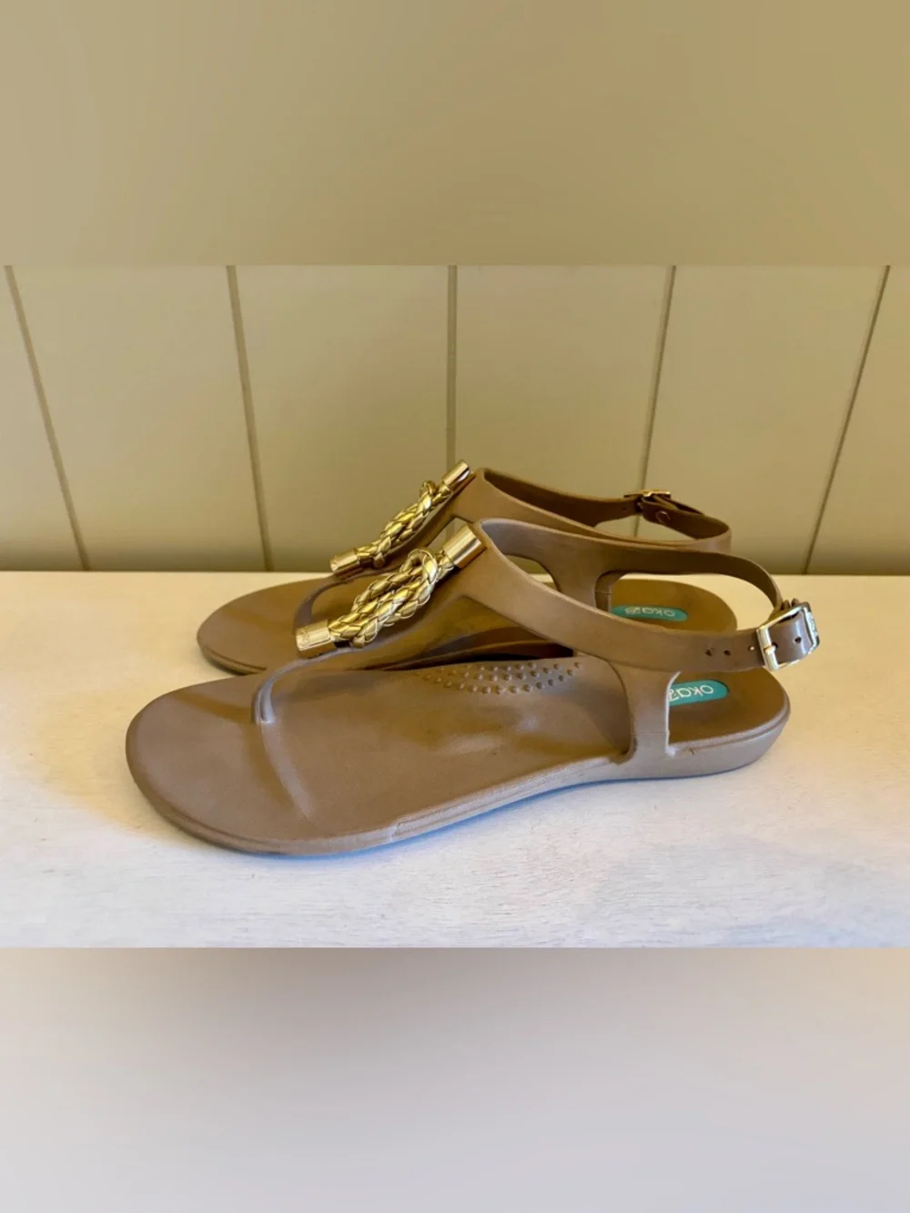 OKA B. Neptune T-strap Metallic Beige Nautical Sandal Waterproof Sz 8 Women’s - Picture 4 of 10